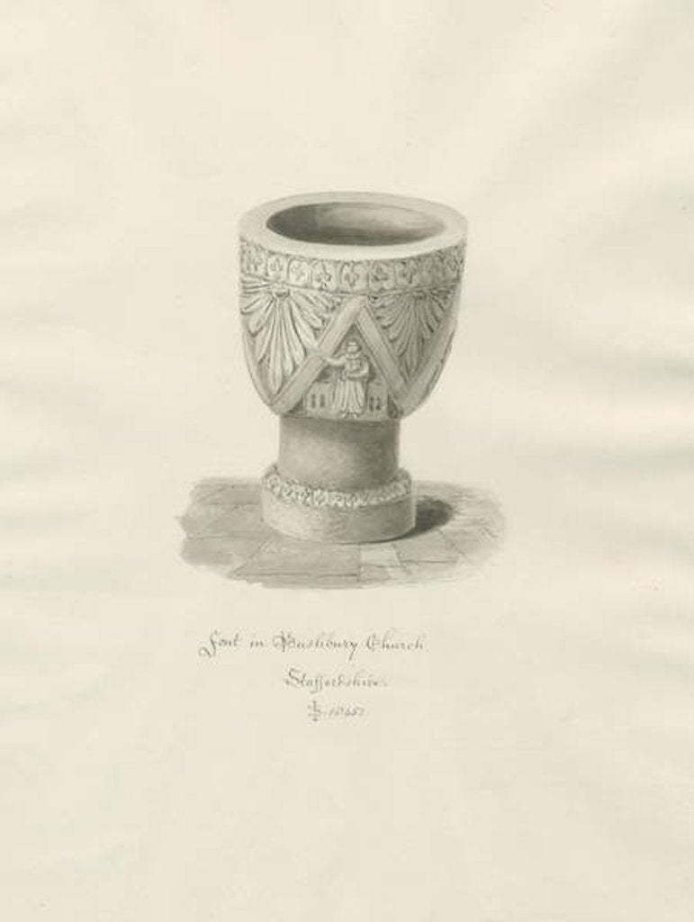 Detail of Font in Bushbury Church: sepia drawing, 1845 by John Buckler
