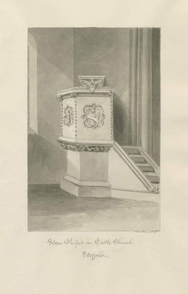 Detail of Castle Church - Stone Pulpit in Church: sepia drawing, 1845 by John Buckler