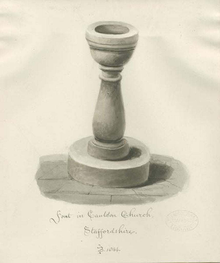 Detail of Font in Cauldon Church by John Buckler