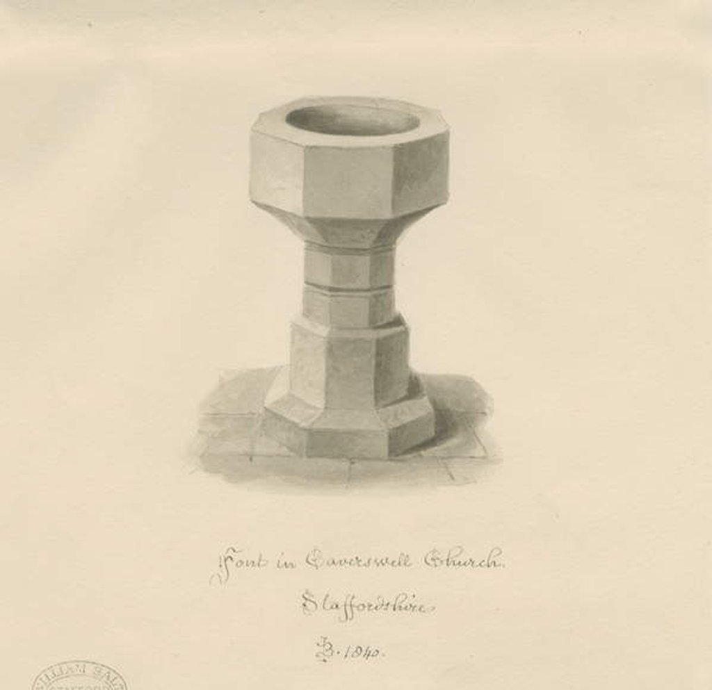 Detail of Font in Caverswall Church: sepia drawing, 1840 by John Buckler