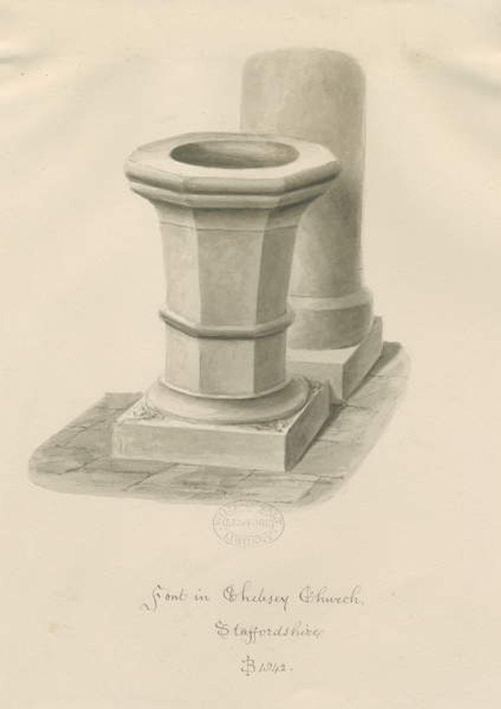 Detail of Font in Chebsey Church: sepia drawing, 1842 by John Buckler
