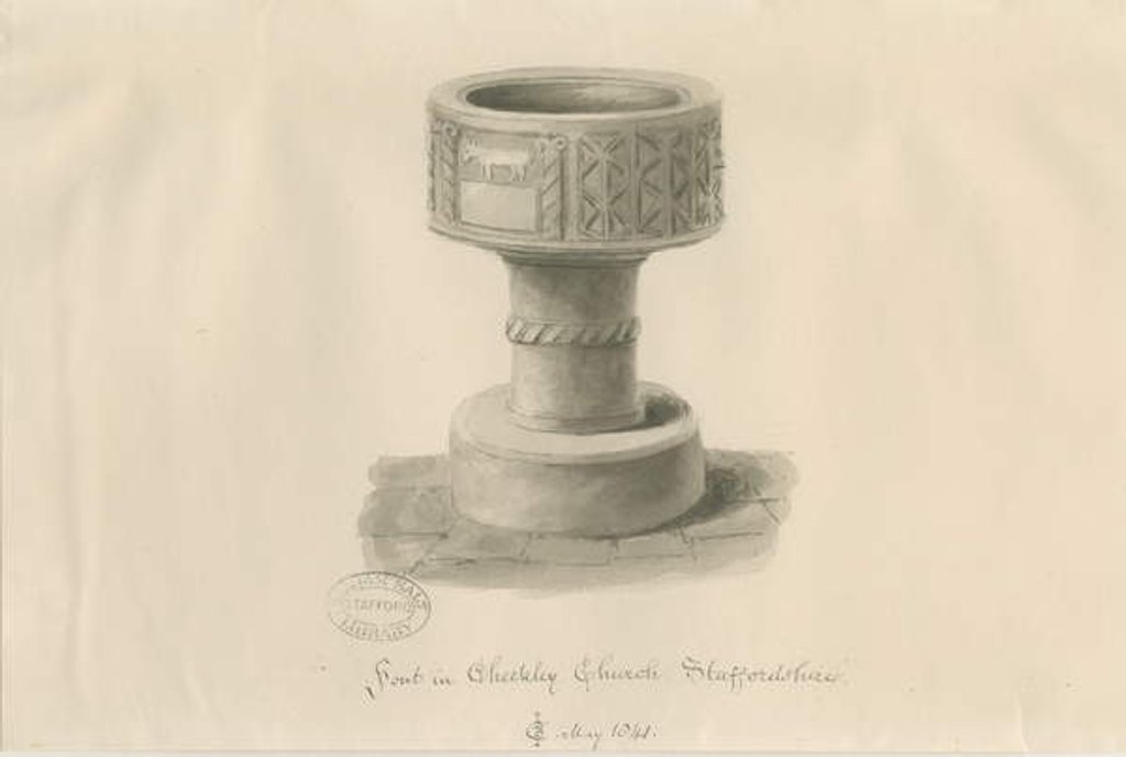 Detail of Font in Checkley Church: sepia drawing, 1841 by John Chessell Buckler
