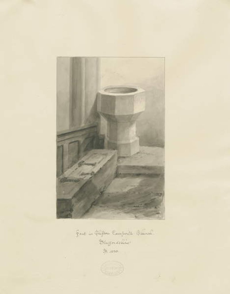Detail of Font in Clifton Campville Church: sepia drawing, 1838 by John Buckler