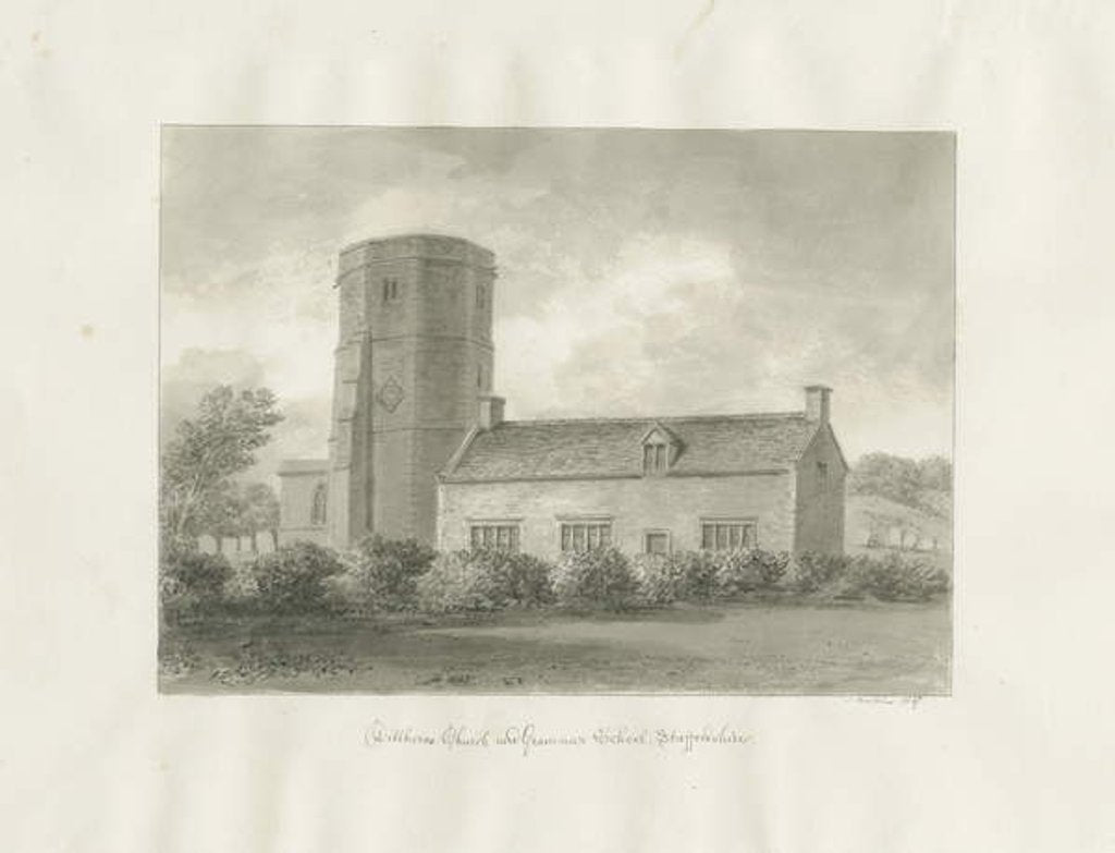 Detail of Dilhorne - Church and Grammar School: sepia drawing, 1847 by John Buckler