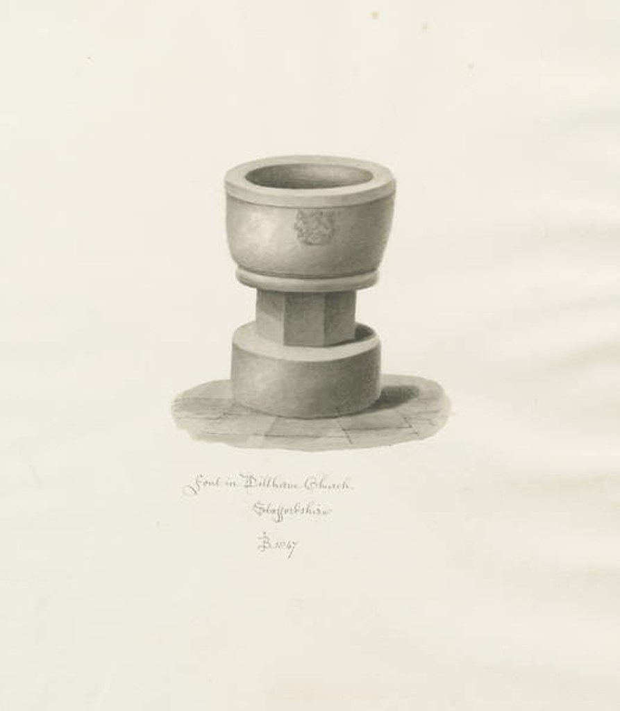 Detail of Font in Dilhorne Church: sepia drawing, 1847 by John Buckler