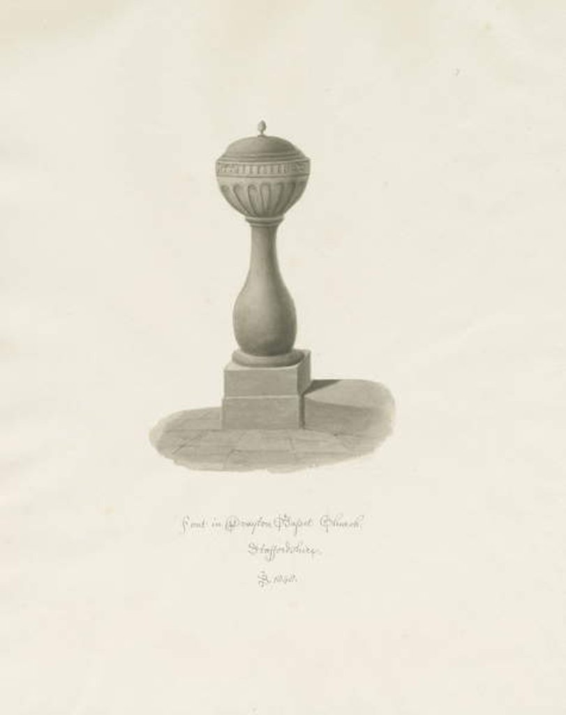 Detail of Font in Drayton Bassett Church: sepia drawing, 1848 by John Buckler