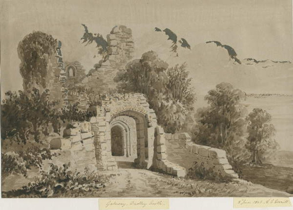 Detail of Dudley Castle - The Gateway: red-sepia wash drawing, 8 Jun 1843 by Allen Edward Everitt