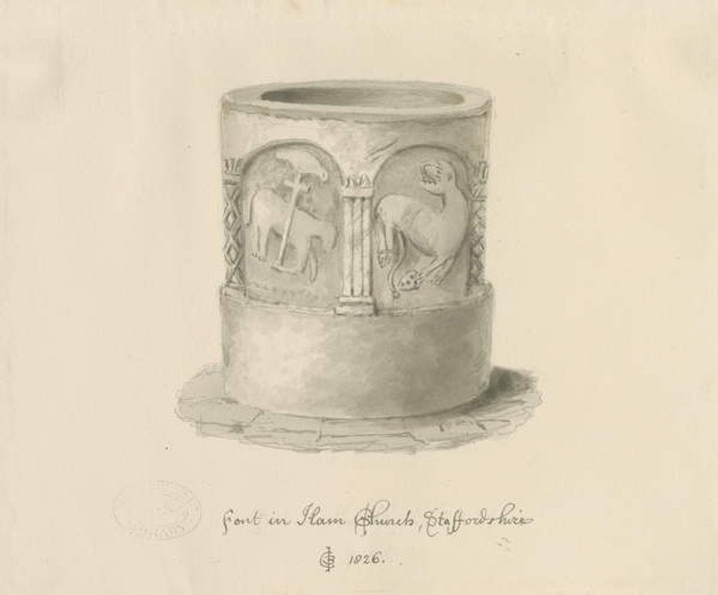 Detail of Font in Ham Church, 1826 by John Chessell Buckler