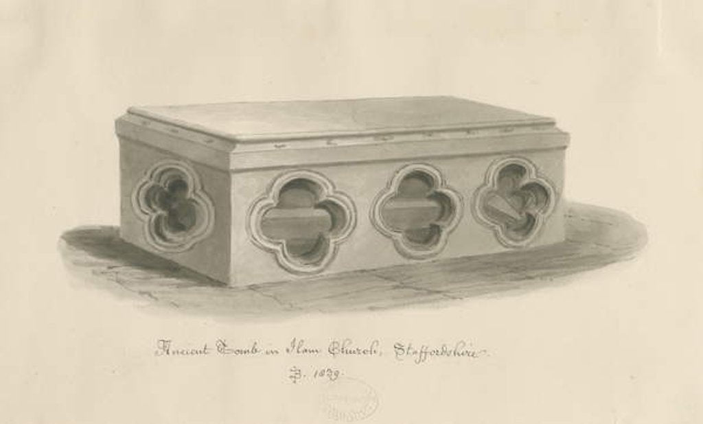 Detail of Ilam Church - Tomb of St. Bertram: sepia drawing, 1839 by John Buckler