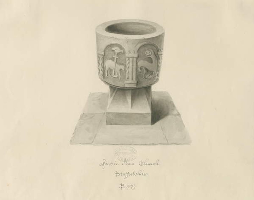 Detail of Font in Ilam Church: sepia drawing, 1839 by John Buckler