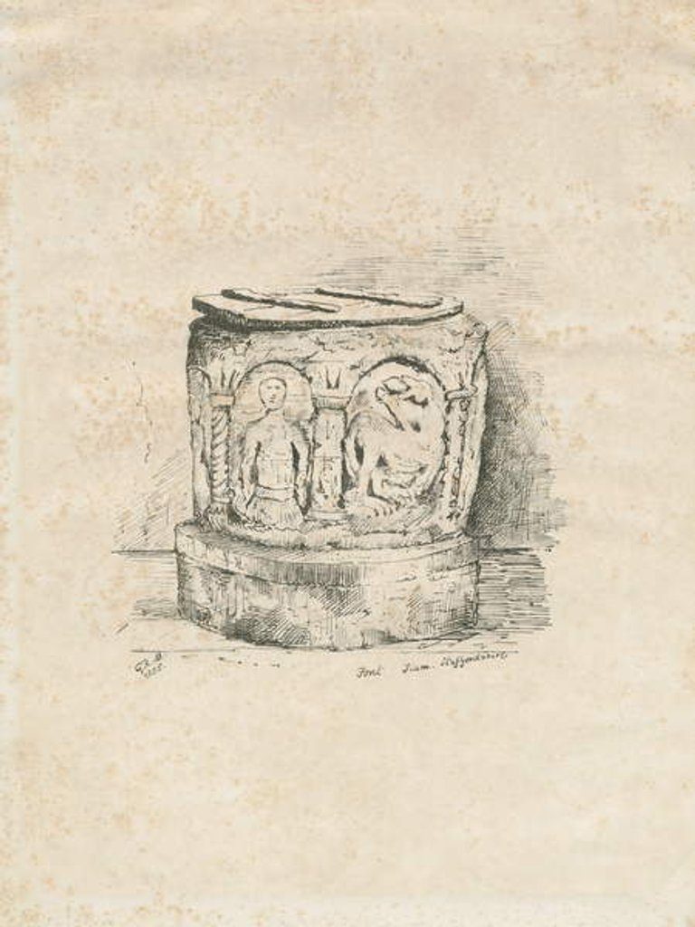 Detail of Font in Ilam Church: lithograph, 1855 by School English