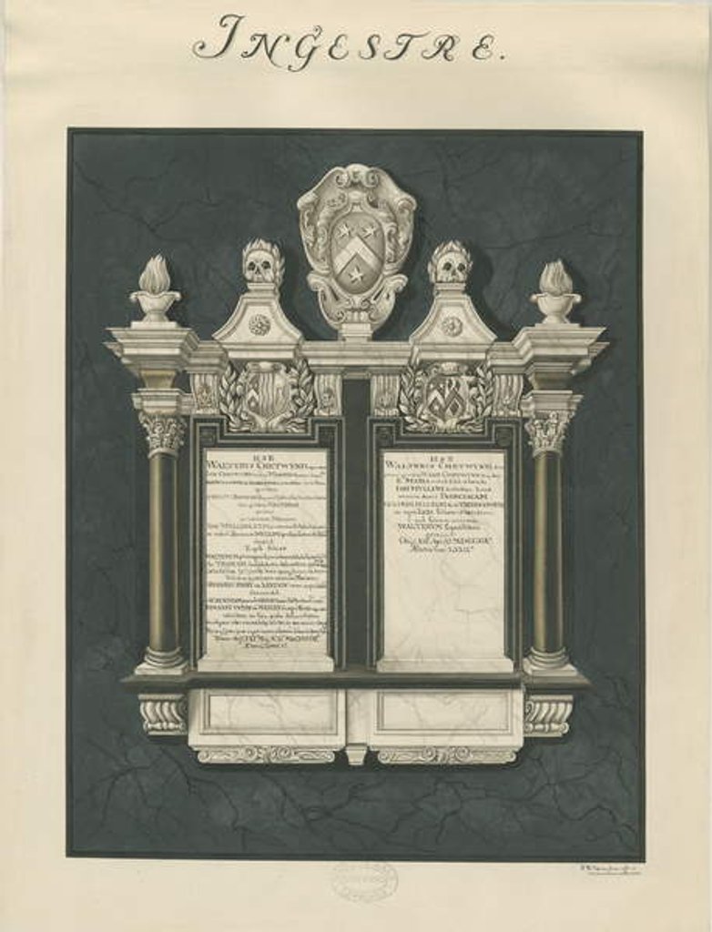 Detail of Ingestre Church - tablets to Walter Chetwynd elder and younger: painting, nd [?19th cent] by John Robert Fernyhough