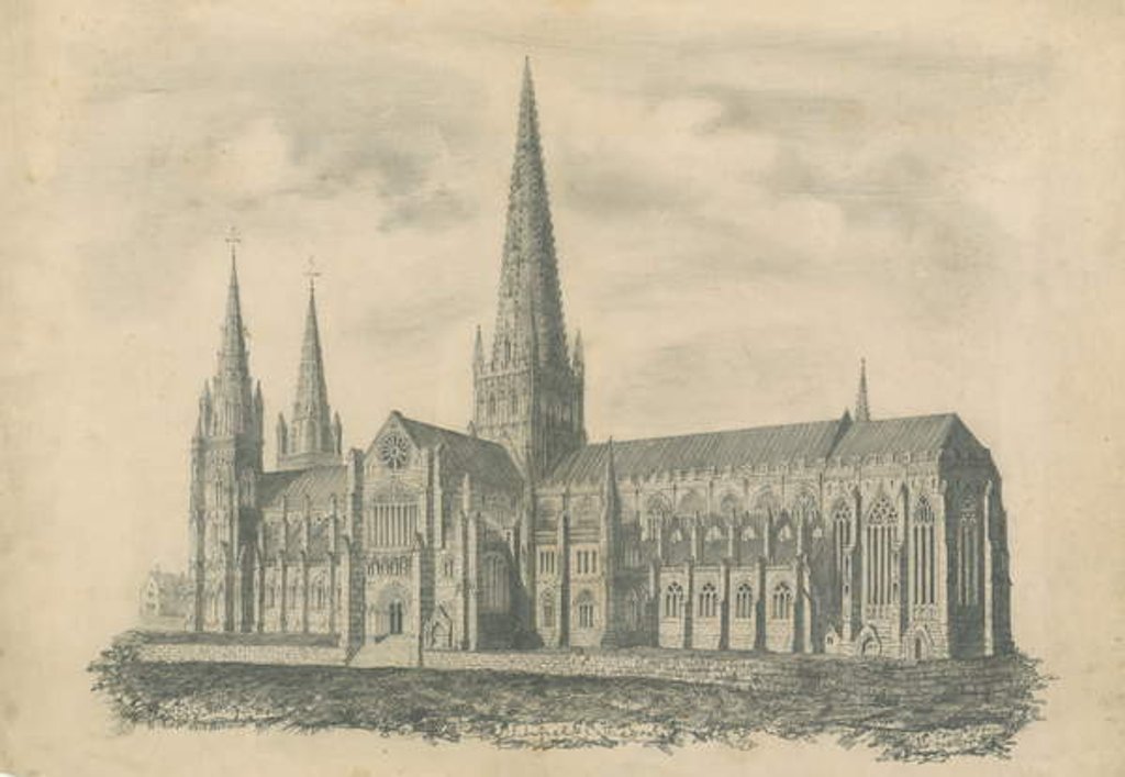 Detail of Lichfield Cathedral - South East View: engraving by School English