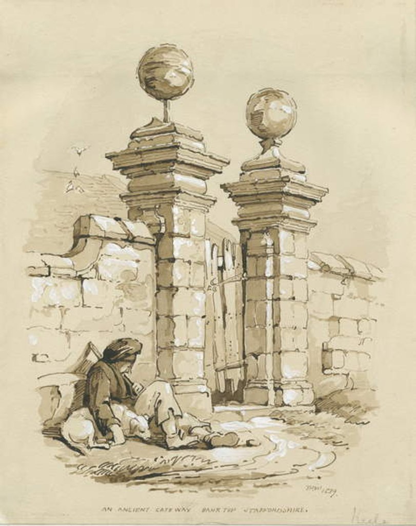 Detail of Colwich - Ancient Gateway at Bank Top: sepia drawing, 1839 by Thomas Peploe Wood