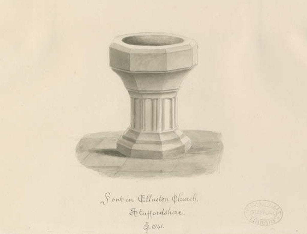 Detail of Font in Ellastone Church by John Chessell Buckler