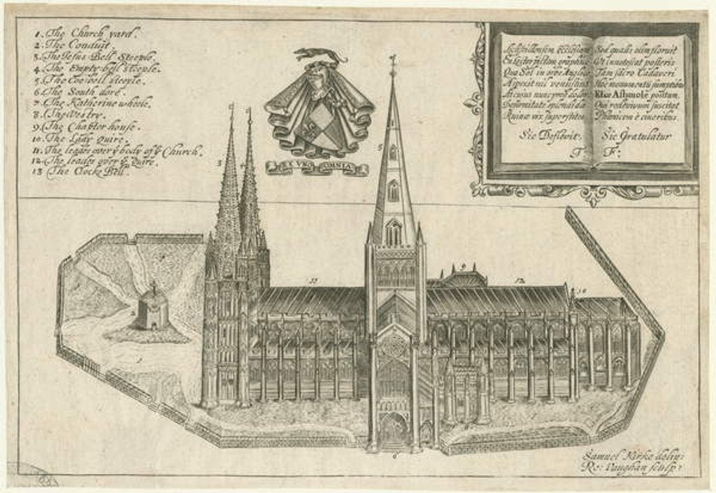 Detail of Lichfield Cathedral - South View: copper-plate engraving, nd [17th cent] by Robert Vaughan