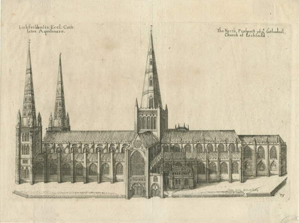 Detail of Lichfield Cathedral - South View: copper-plate engraving by William Dugdale