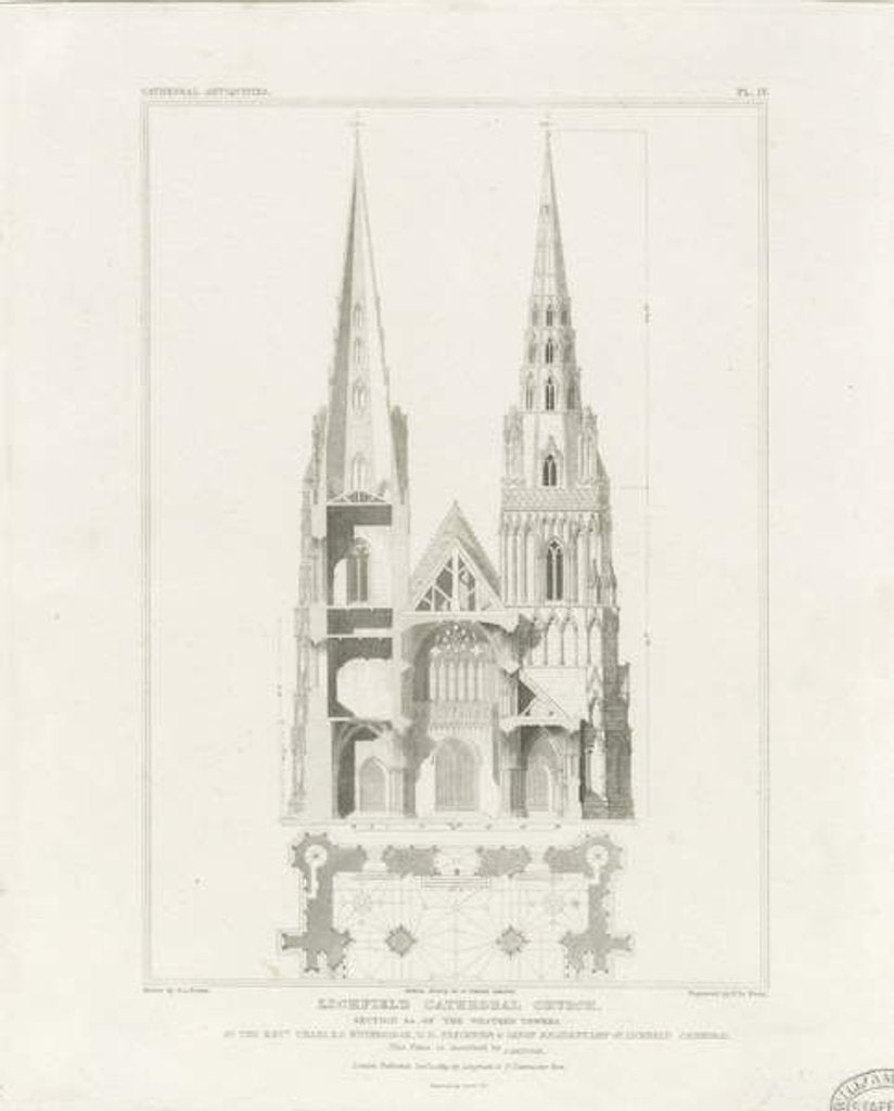 Detail of Lichfield Cathedral - West Front: engraving, nd [c 1819] by John Britton