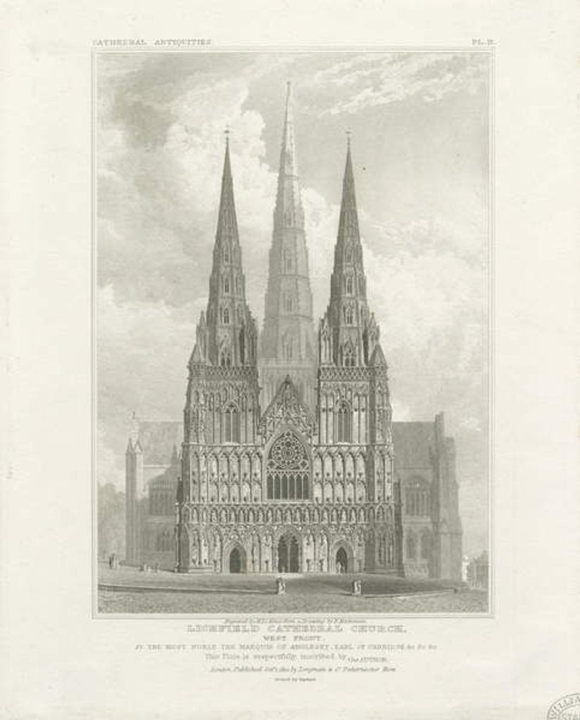 Detail of Lichfield Cathedral - West Front: engraving, nd [c 1820] by John Britton