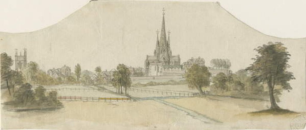 Detail of Lichfield Cathedral - East View: tinted pencil drawing by School English