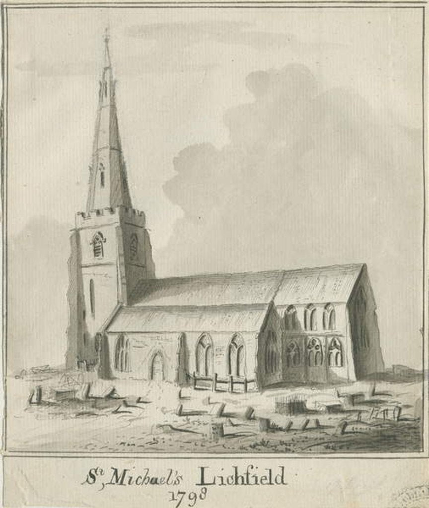 Detail of Lichfield - St. Michael's Church: pen and sepia wash drawing, 1798 by School English