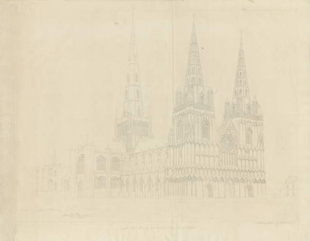 Detail of Lichfield Cathedral - North West View: etching, 1807 by John Buckler
