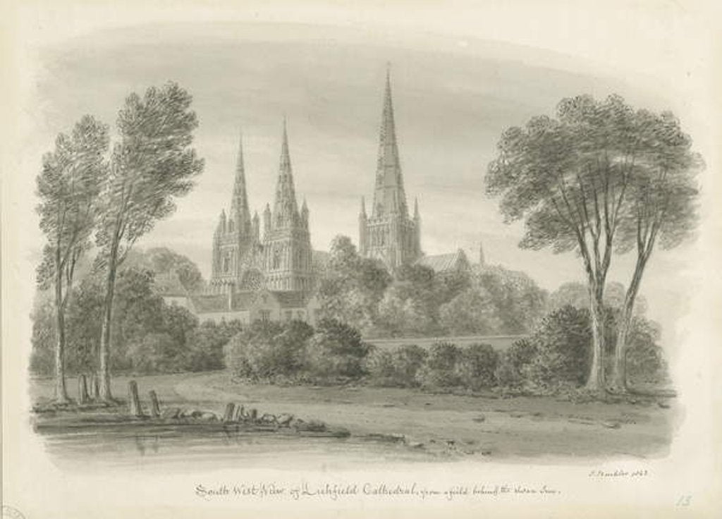 Detail of Lichfield Cathedral - South West View: sepia drawing, 1843 by John Buckler