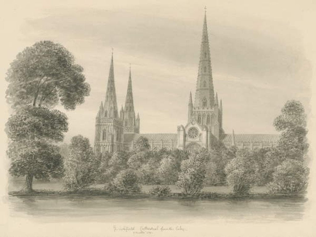 Detail of Lichfield Cathedral - South View: sepia drawing, 1841 by John Buckler