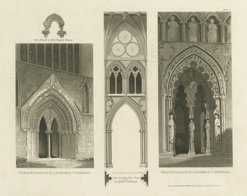 Detail of Lichfield Cathedral - West Entrance, North Entrance and Nave: aquatint engraving, 1813 by Charles Wild
