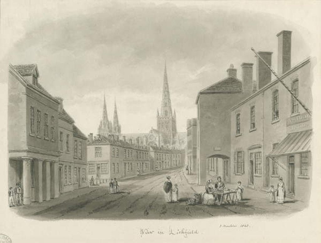 Detail of Lichfield - View of street: sepia drawing, 1843 by John Buckler