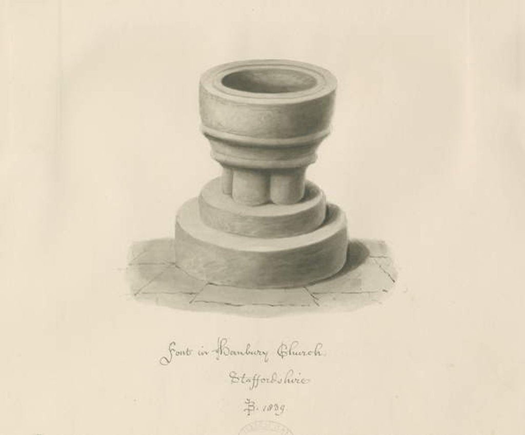 Detail of Font in Hanbury Church: sepia drawing, 1839 by John Buckler
