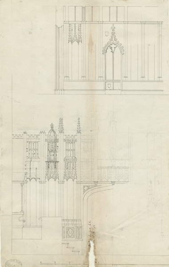 Detail of Interior of Lichfield Cathedral - West End of Choir: pen drawing by School English