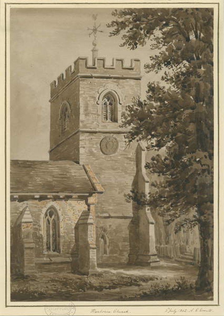 Detail of Harborne Church: red sepia drawing, 2 Jul 1842 by Allen Edward Everitt
