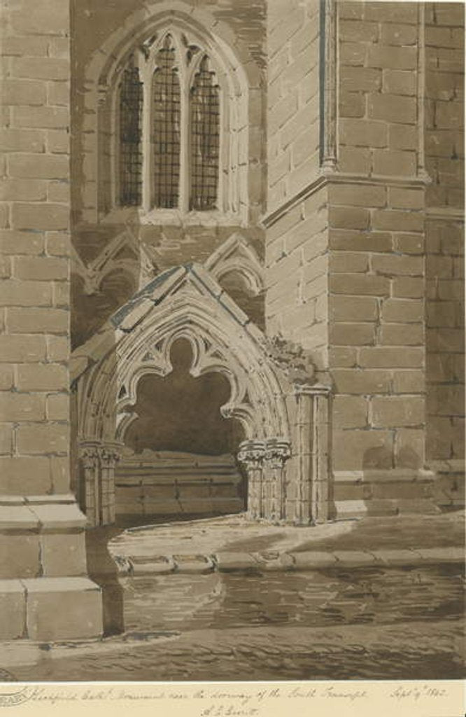 Detail of Lichfield Cathedral - South Transept: red sepia drawing, 9 Sep 1842 by Allen Edward Everitt