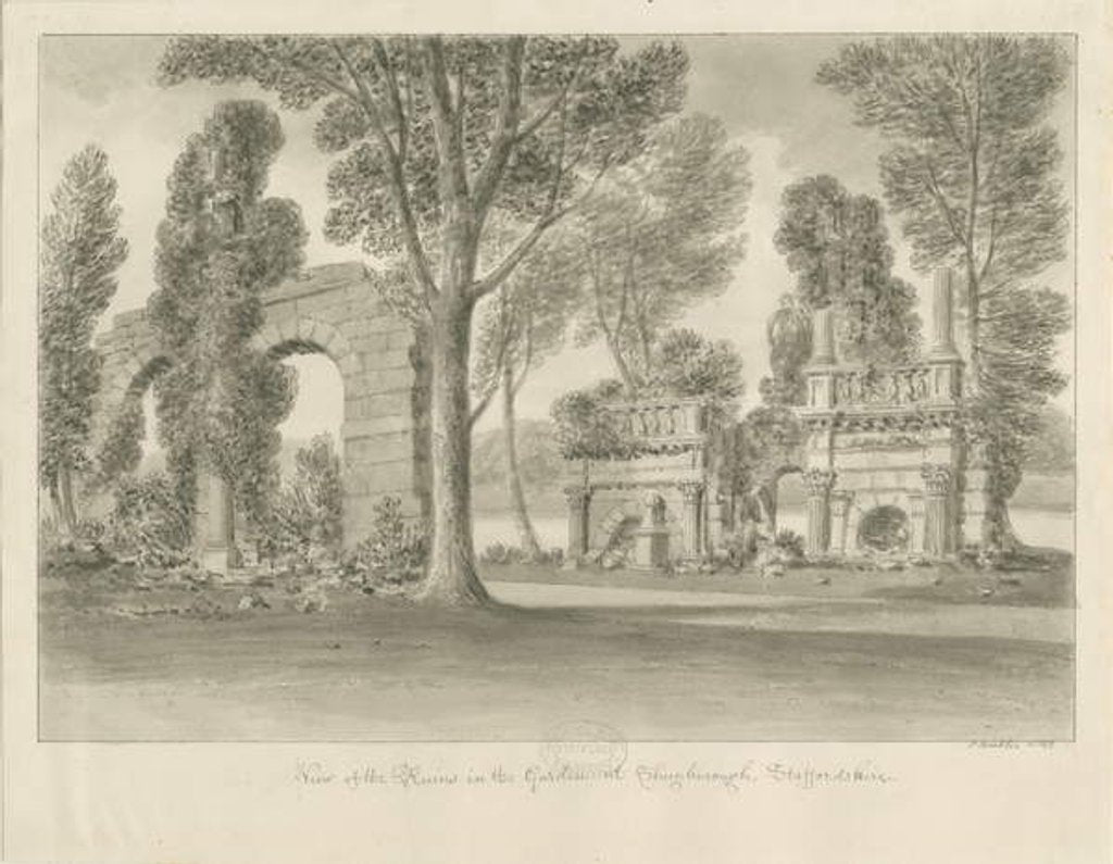 Detail of Shugborough - Ruins in Garden: sepia drawing, 1842 by John Buckler