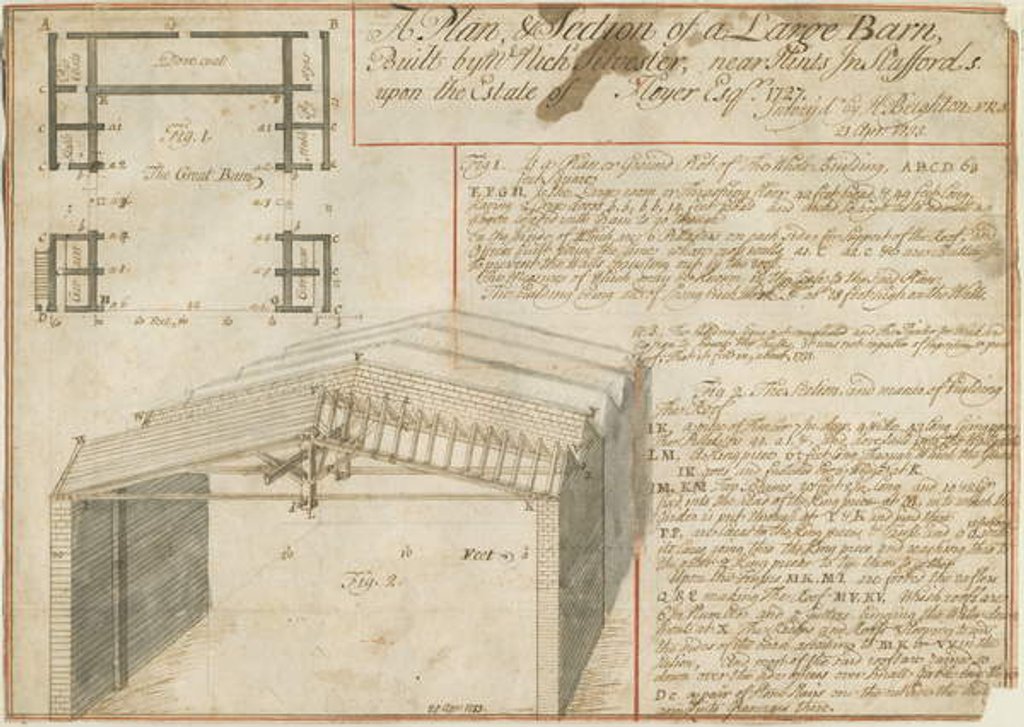 Detail of Hints - Barn on the Floyer Estate: pen drawing, 25 Apr 1733 by School English