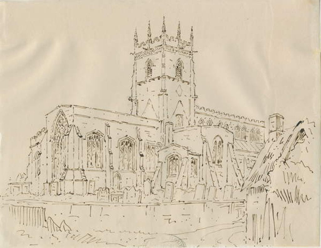Detail of Gnosall Church: pen and ink drawing by School English