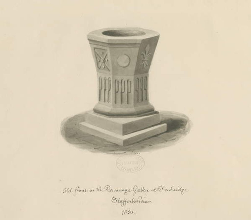 Detail of Penkridge - Font in Parsonage Garden: sepia drawing, 1831 by John Buckler