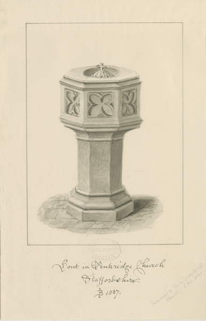 Detail of Font in Penkridge Church by John Buckler