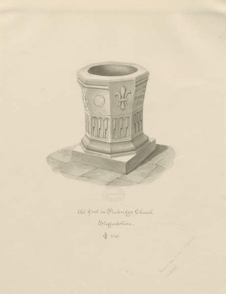 Detail of Font in Penkridge Church: sepia drawing, 1841 by John Chessell Buckler