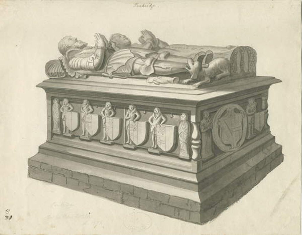 Detail of Penkridge Church - Tomb of [Sir Edward Littleton]: sepia drawing, nd [late 18th cent] by T Carter