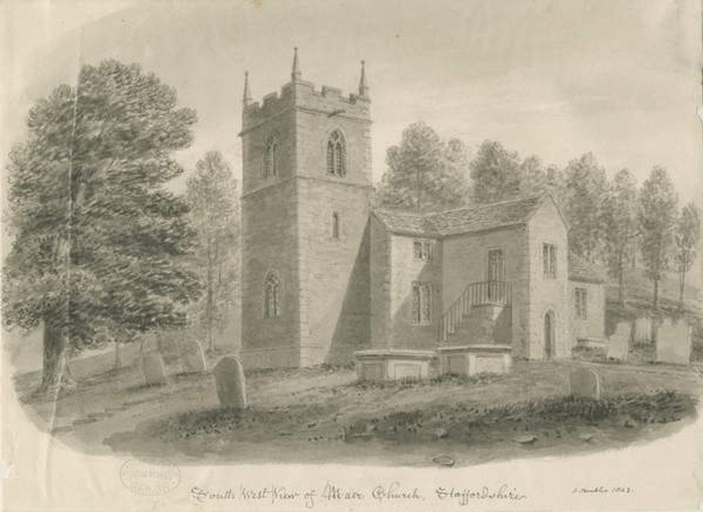 Detail of Maer Church: sepia wash drawing, 1843 by John Buckler