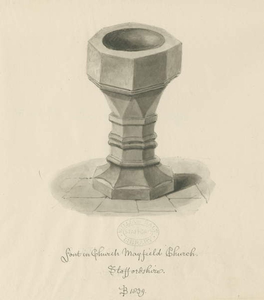 Detail of Font in Mayfield Church: sepia drawing, 1839 by John Buckler