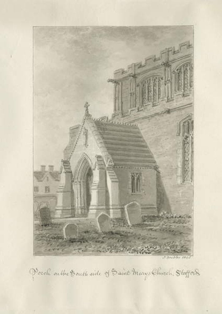 Detail of Stafford - Porch of St. Mary's Church: sepia drawing, 1845 by John Buckler