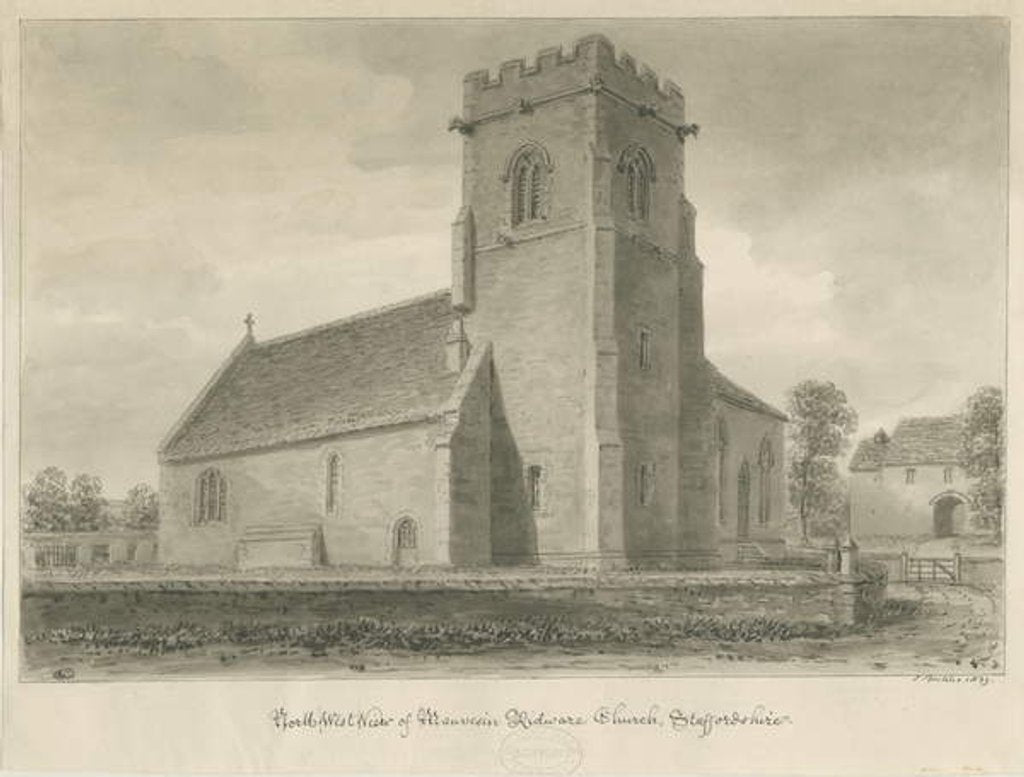 Detail of Mavesyn Ridware Church: sepia drawing, 1839 by John Buckler