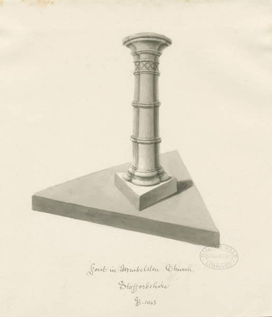 Detail of Font in Mucklestone Church: sepia wash drawing, 1843 by John Buckler