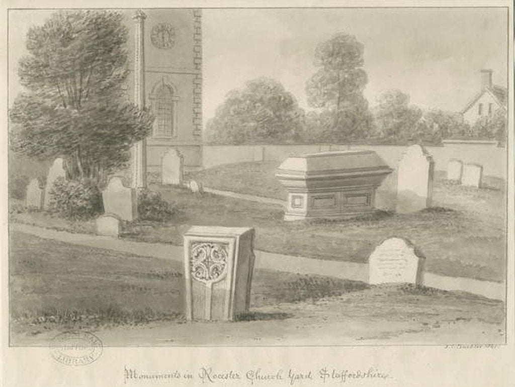 Detail of Rocester Church - Monuments and Church-yard: sepia drawing, 1841 by John Chessell Buckler