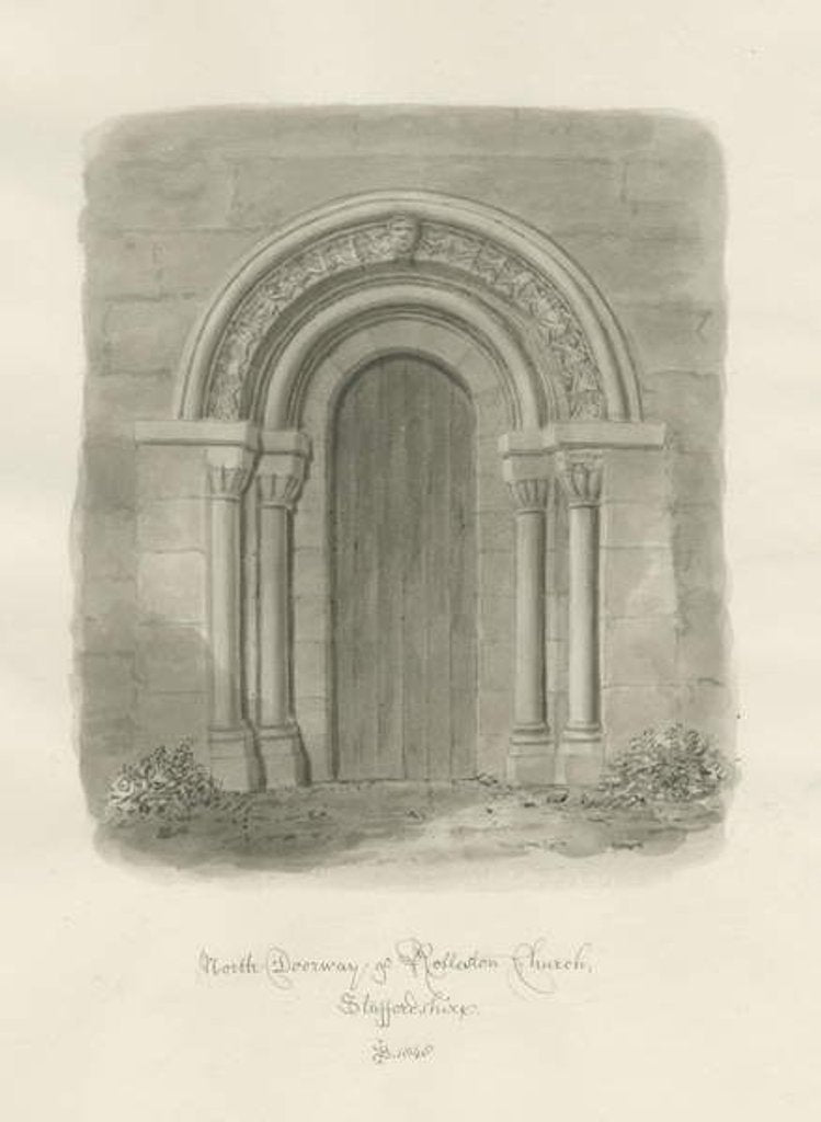 Detail of Rolleston Church - North Doorway: sepia drawing, 1848 by John Buckler