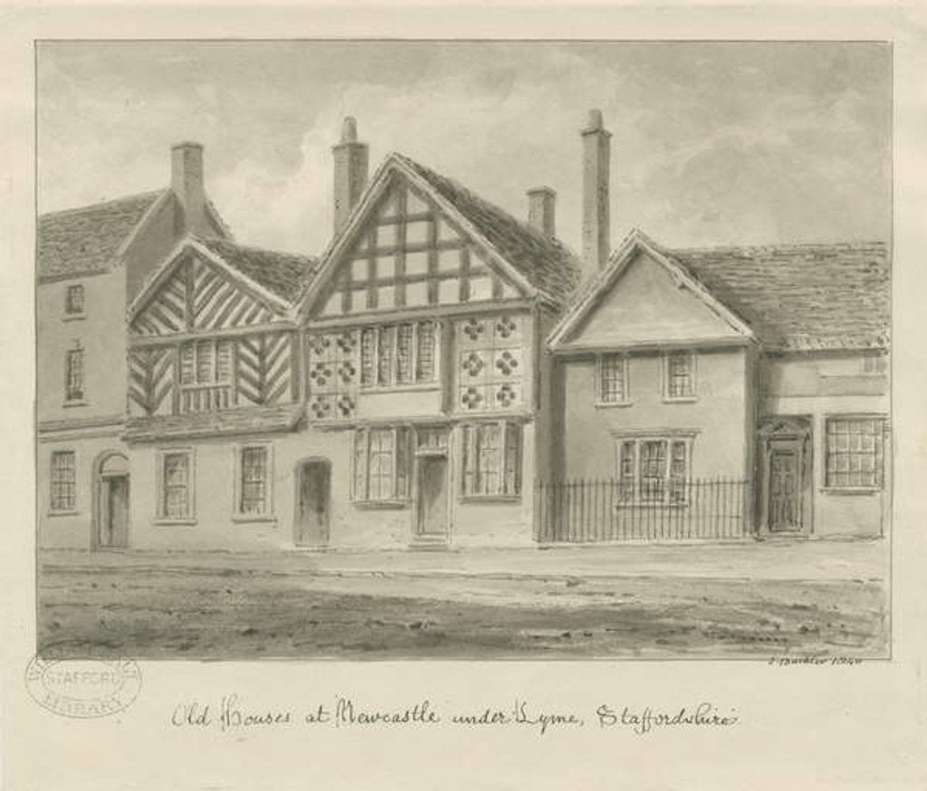 Detail of Newcastle-under-Lyme - Old Houses: sepia drawing, 1840 by John Buckler