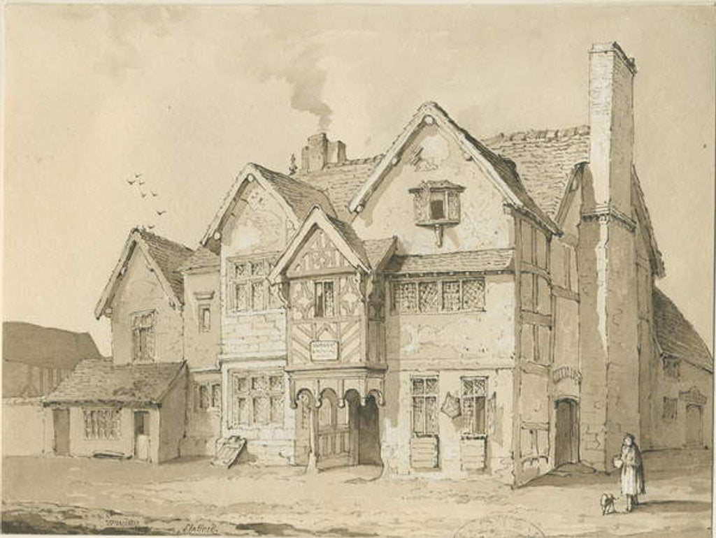 Detail of Stafford - [Old Houses in Crabbery Lane]: sepia and pen drawing, 1837 by Thomas Peploe Wood